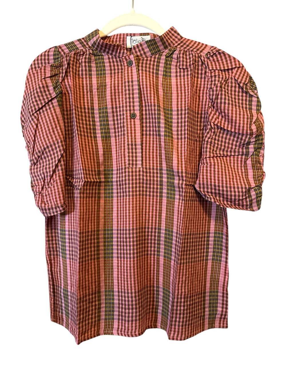 Tulip Plaid Puff Sleeve Henly Top Pink and Green Gingham